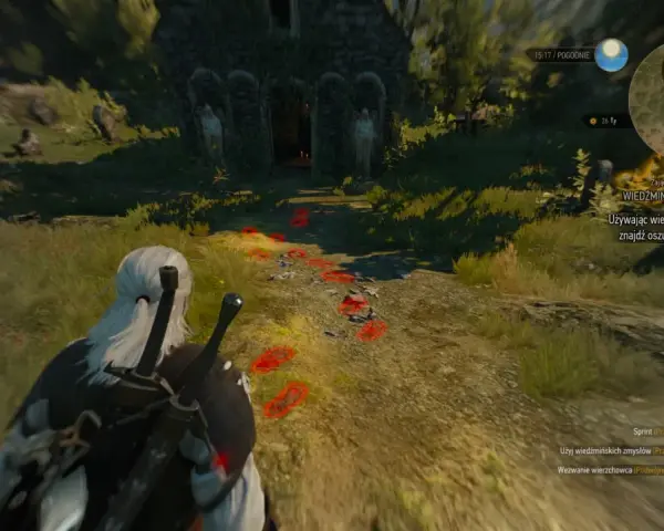 Geralt podąża tropem, który prowadzi do starego cmentarza. Wiedźmin jak malowany, gotów do akcji.