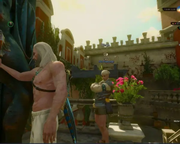 Geralt z Rivii, w poszukiwaniu wiedźmin 3 jaja reginalda, rozmawia z bogatym mieszczaninem na tarasie.