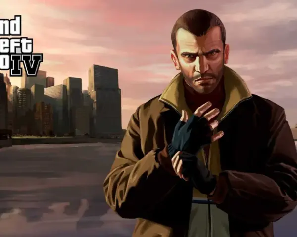 Niko Bellic w Liberty City, zapowiedź **gta 4 remastered**. Miasto, Statua Wolności i bohater gry.