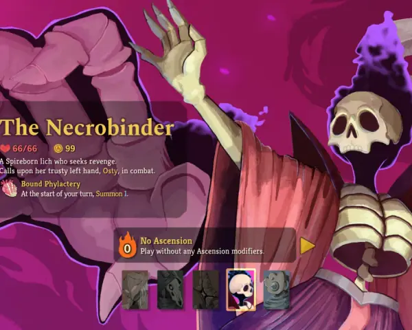 Postać z gry Slay the Spire 2: The Necrobinder, szkielet w szacie z kosą, gotowa do walki.