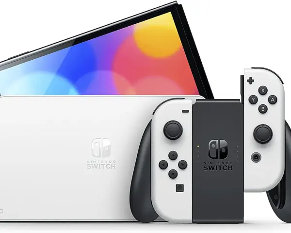 Biały Nintendo Switch z kolorowym ekranem i kontrolerami Joy-Con. Poznaj jego kompaktowe nintendo switch wymiary i możliwości.