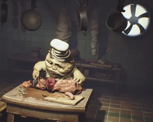 Potworny kucharz z gry Little Nightmares kroi mięso. Czas gry w tej przerażającej kuchni.