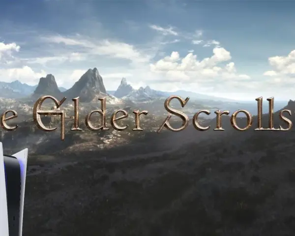 Krajobraz z gry The Elder Scrolls VI, z konsolą PS5 na pierwszym planie.