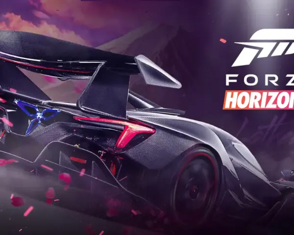 Wyścigowy bolid z włókna węglowego z ogromnym skrzydłem, zapowiadający premierę Forza Horizon 6.