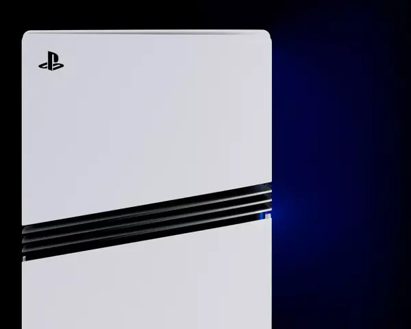 Biała konsola PlayStation z logo, z czarnymi wstawkami i niebieskim podświetleniem. To przyszłość gier, czyli PS5 Pro.
