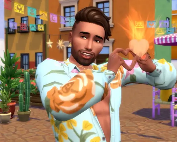 Sympatyczny Sim z gry **Woohoo Sims 4** tworzy serce z dłoni, emanując miłością i radością na tle kolorowej uliczki.