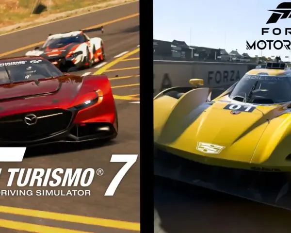 Porównanie Gran Turismo 7 i Forza Motorsport na Xbox Series X. Czerwony samochód sportowy i żółty bolid wyścigowy.