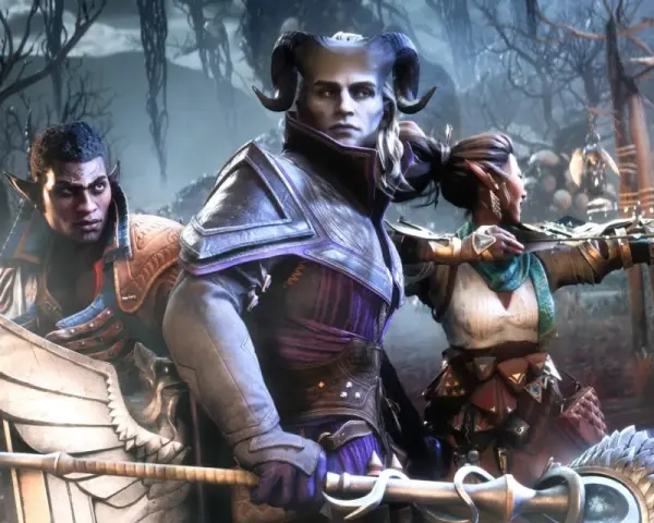 Trzej bohaterowie, w tym elf, demon i łuczniczka, przygotowują się do walki w mrocznym lesie. Zapowiada się epicka przygoda w Dragon Age 4.