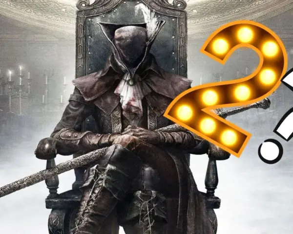 Postać z Bloodborne 2 na tronie, z mieczem, otoczona świecami i znakami zapytania.