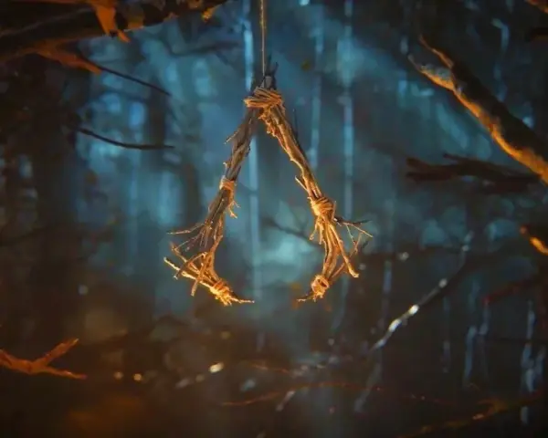 W lesie wisi symbol przypominający literę "A", wykonany z gałązek i sznurka. To znak z gry Assassin's Creed Hexe.