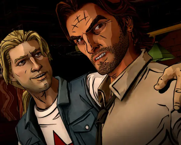 Dwóch mężczyzn, jeden z blond włosami, drugi z bliznami na czole, w napiętej rozmowie. Czy to początek The Wolf Among Us 2?