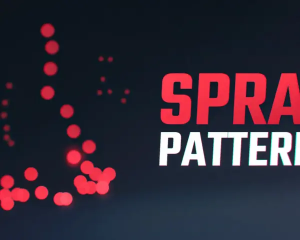 Czerwone kropki tworzą wzory, jakby po strzałach z AK-47. Napis "SPRAY PATTERNS" sugeruje analizę rozrzutu.