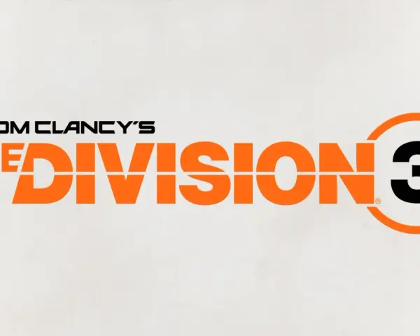 Logo gry Tom Clancy's The Division 3. Sylwetka żołnierza obok napisu "TOM CLANCY'S THE DIVISION" i cyfry 3 w pomarańczowym okręgu.