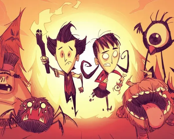 Postacie z gry Don't Starve Together na Nintendo Switch, otoczone przez potwory, w mrocznym, ale barwnym stylu.