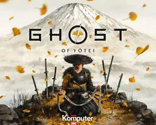 Samuraj w słomkowym kapeluszu, otoczony mieczami, pod górą Fudżi. Logo gry Ghost of Yotei PC.