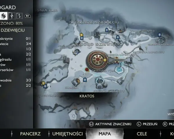 Mapa z gry God of War Ragnarok, przedstawiająca obszar Jezioro Dziewięciu w Midgardzie.