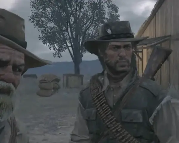 Dwóch kowbojów, jeden starszy z siwą brodą, drugi młodszy, w grze Red Dead Redemption 2 na PS5 w 60fps.