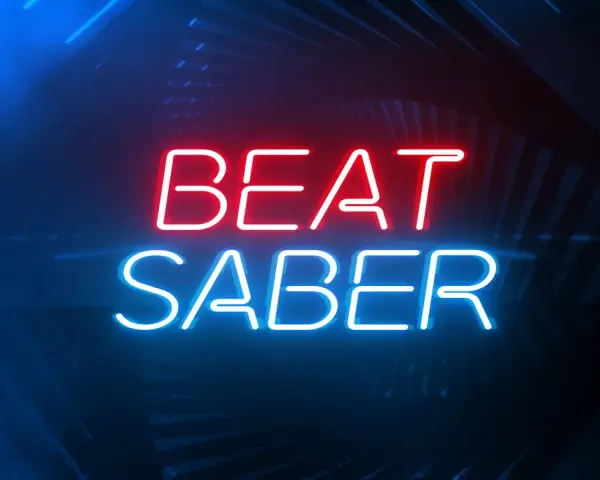 Neonowy napis "BEAT SABER" w kolorach czerwonym i niebieskim, idealny do gry na PS5.
