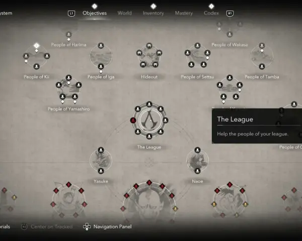 Mapa celów w grze, ukazująca "The League" i jej sojuszników, z subtelnymi ac shadows.
