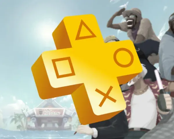 Gry PS Plus kwiecień: żółty symbol PlayStation Plus na tle postaci i tropikalnej wyspy.