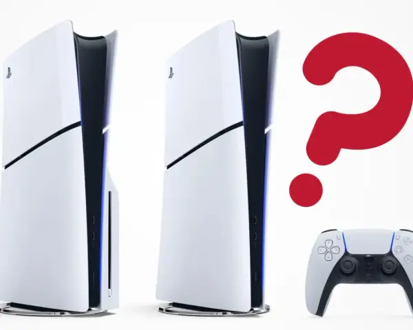 Dwie konsole PS5 i kontroler, obok czerwonego znaku zapytania. Czy PS5 może leżeć?