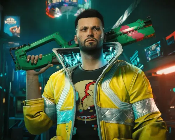 Mężczyzna w żółtej kurtce z bronią w stylu cyberpunk Orion.