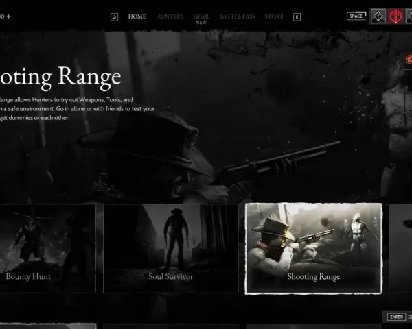 Menu gry Hunt Showdown na PS5. Wybierz "Shooting Range", by przetestować broń i wyposażenie.