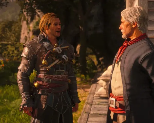 Dwóch mężczyzn rozmawia na tle tropikalnej scenerii. Jeden z nich, w stroju przypominającym tego z najnowszego Assassin's Creed, ma na sobie skórzaną zbroję i pistolety.