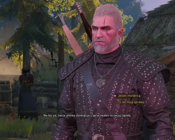Geralt z Rivii w zbroi, w sercu lasu w Wiedźmin 3, rozmawia z kobietą.