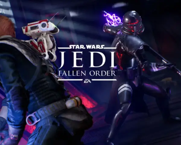 Cal Kestis z mieczem świetlnym i droidem walczy z Inkwizytorem. Star Wars Jedi: Fallen Order czas gry.