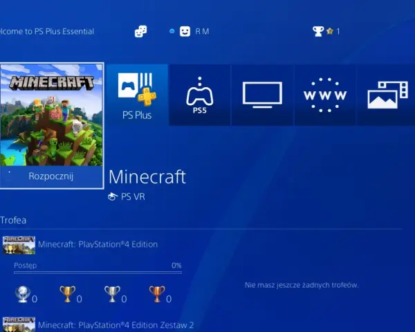 Ekran PlayStation z grą Minecraft. Możliwość gry z innymi graczami dzięki funkcji **minecraft cross play**.