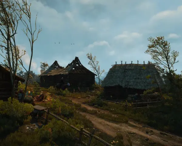 Wiedźmin Geralt na koniu wjeżdża do zniszczonej wioski. W tle widać chaty, jakby po wydarzeniach z "Oko za oko" w Wiedźminie 3.