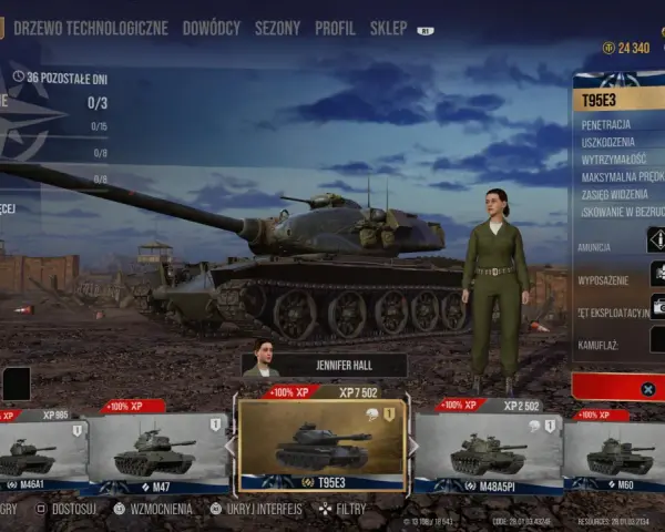 Ekran gry World of Tanks na PS5. Widoczny jest czołg T95E3, statystyki, misje i dostępne pojazdy.