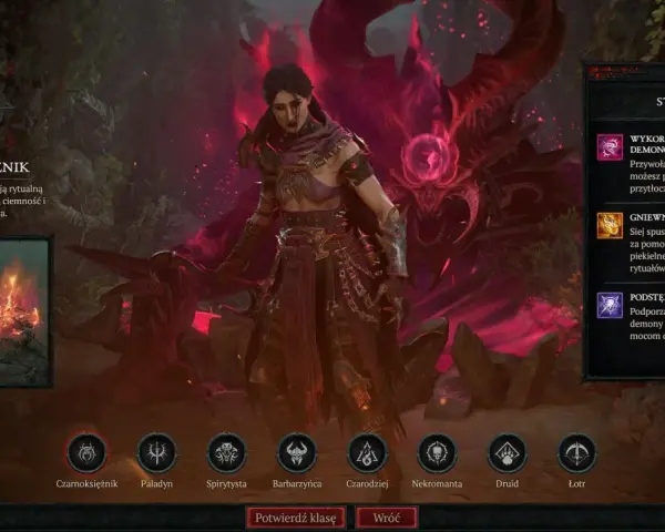 Postać czarnoksiężniczki z Diablo 4 na tle demonicznych macek i płomieni.