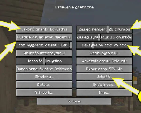 Ustawienia graficzne Minecraft. Zmniejsz zasięg renderowania i jakość, aby mieć więcej FPS. 1, 2, 3, 4, 5.