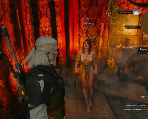 Geralt rozmawia z Corine Tilly w Złocistym Jesiotrze. To sen w wielkim mieście Wiedźmin 3.