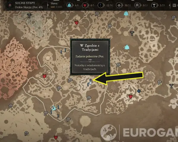 Mapa z gry Diablo 4, zaznaczone zadanie poboczne "W zgodzie z tradycjami" i notatka.