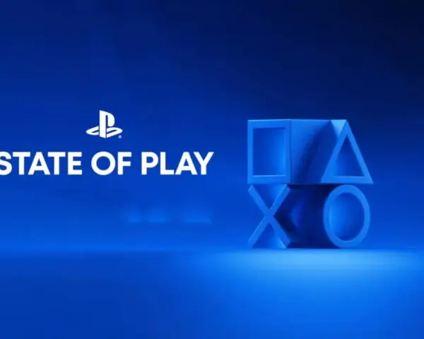 Logo PlayStation State of Play na niebieskim tle z symbolami przycisków kontrolera.