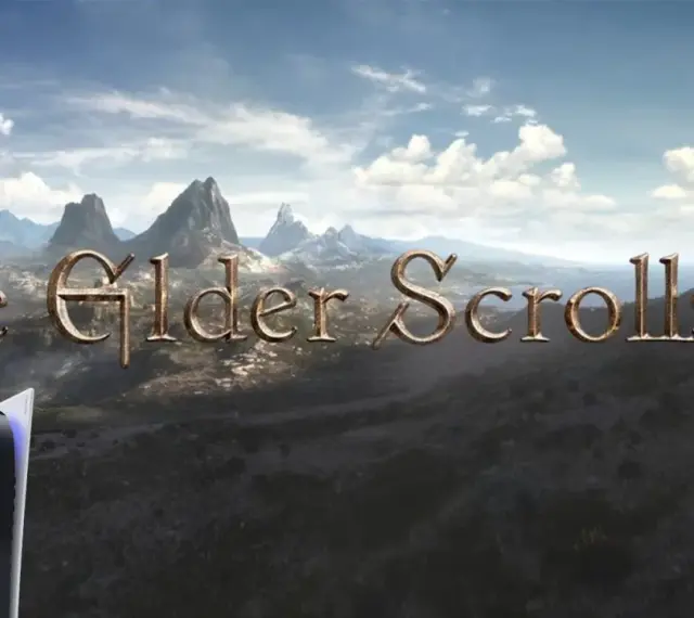 Krajobraz z gry The Elder Scrolls VI, z konsolą PS5 na pierwszym planie.