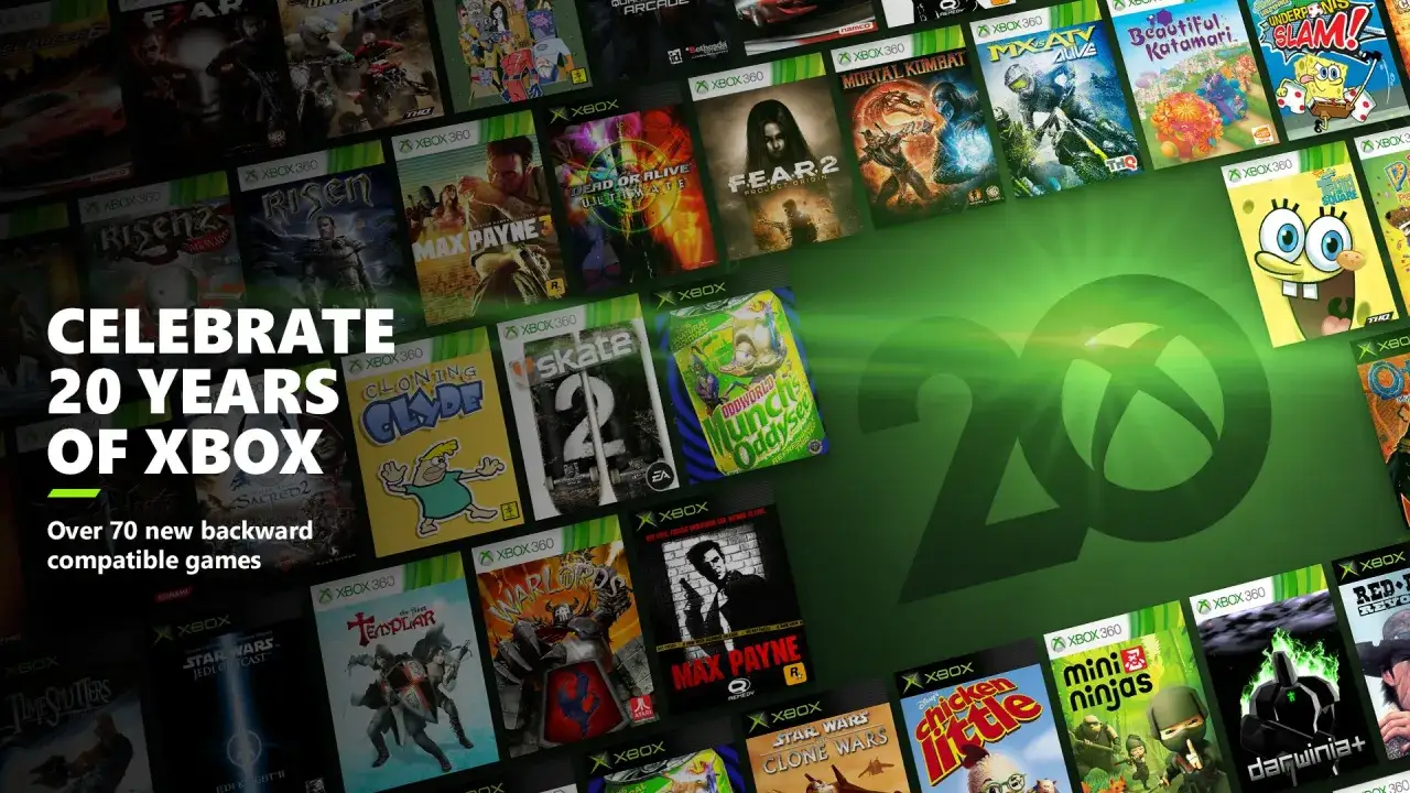 Kolekcja gier na Xbox 360, świętująca 20 lat Xboxa. Zobacz listę ponad 70 tytułów z wsteczną kompatybilnością.