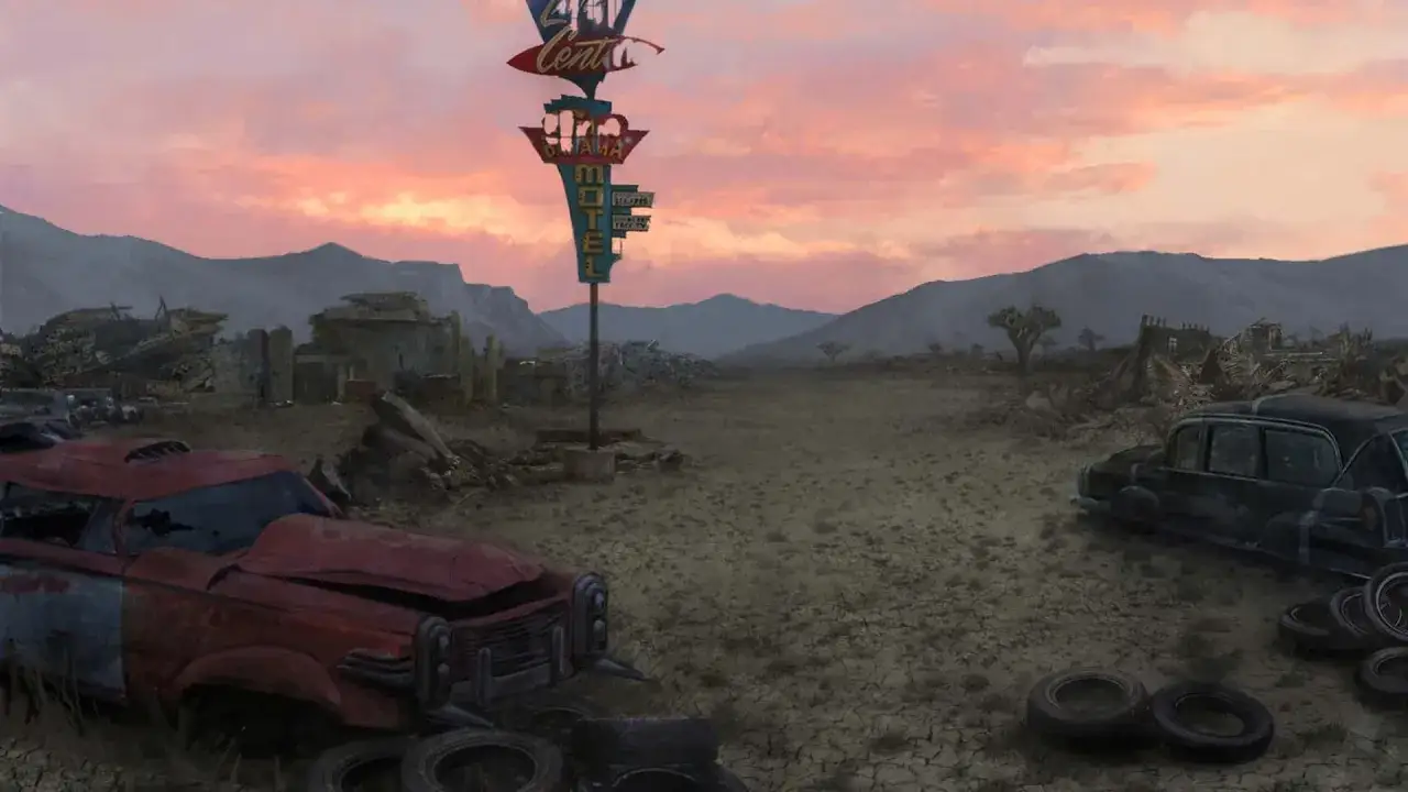 Pustkowie po apokalipsie, zniszczone samochody i ruiny pod różowym niebem. Wygląda jak scena z Fallout New Vegas 2.
