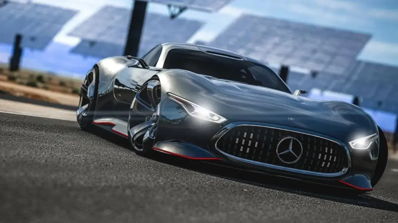 Srebrny Mercedes-AMG Vision GT na torze, gotowy do wyścigu w Gran Turismo 8.
