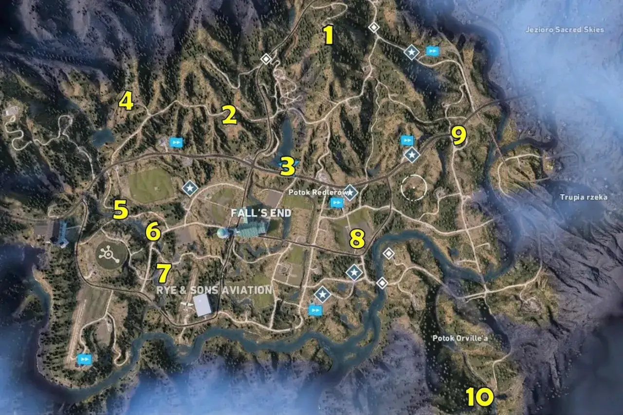 Mapa z gry Far Cry 5. Punkty 1-10 wskazują lokacje, które warto odwiedzić, by ukończyć misje i znaleźć sekrety. Ten far cry 5 poradnik pomoże Ci w eksploracji.