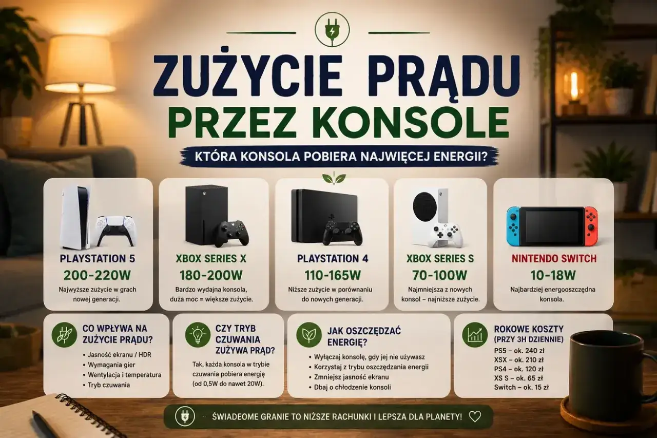 Porównanie zużycia prądu przez konsole: PS5 (200-220W), Xbox Series X (180-200W), PS4 (110-165W), Xbox Series S (70-100W), Switch (10-18W).