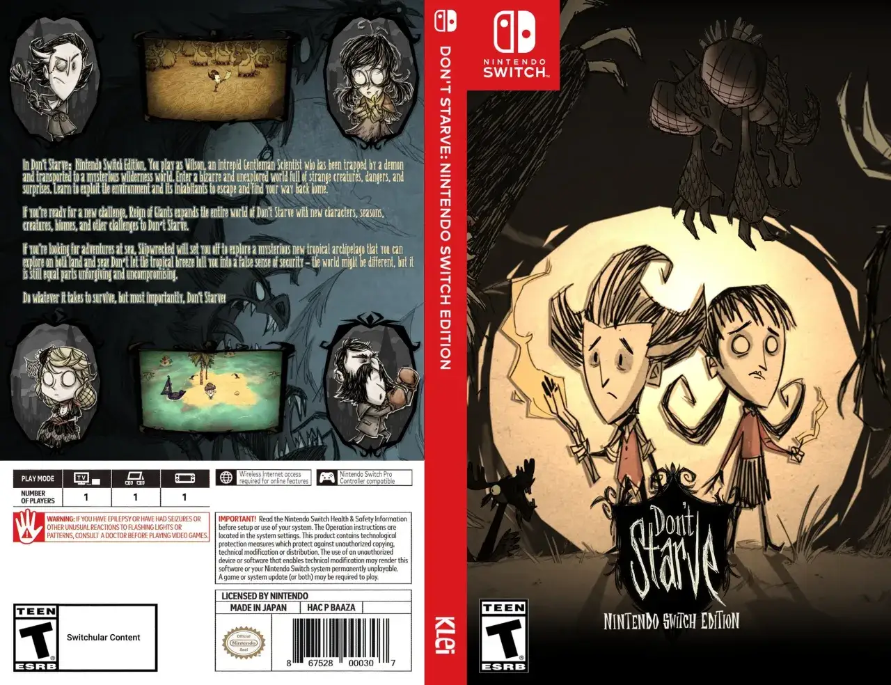 Okładka gry Don't Starve Together Nintendo Switch. Postacie z gry w mrocznym, stylizowanym świecie.