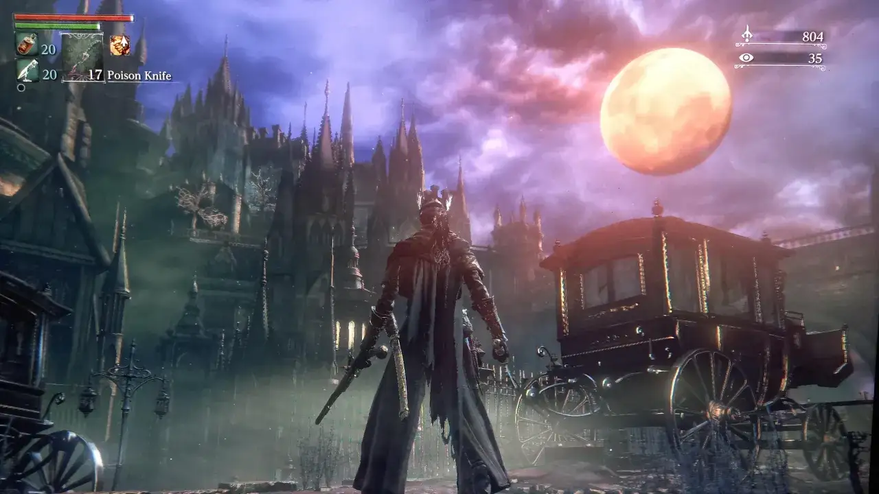 Postać w mrocznym świecie, przypominającym ten z Bloodborne 2, stoi przed gotyckim zamkiem pod krwawym księżycem.
