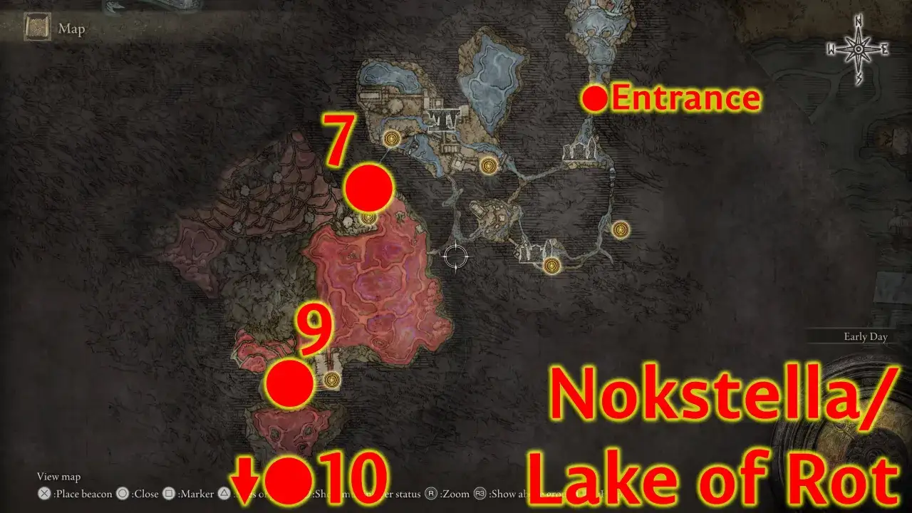 Mapa Elden Ring: Droga do Nokstelli i Jeziora Zgnilizny, kluczowa dla misji Ranni.