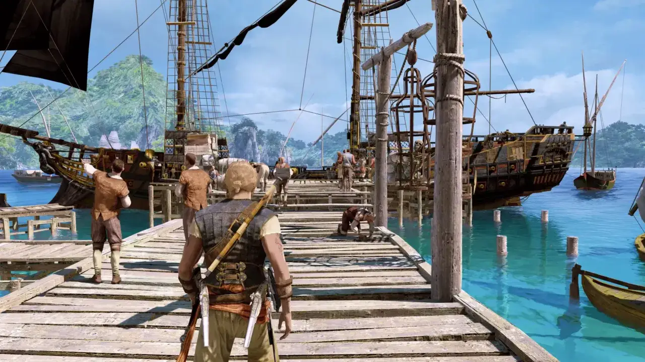 Na molo w tropikalnym porcie, gdzie cumuje statek z najnowszego Assassin's Creed, widać postacie w strojach z epoki i klatkę ze szkieletem.