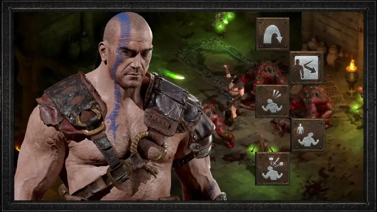 Barbarzyńca z Diablo 2 w akcji, pokazujący potęgę swojego build'u. Widoczne ikony umiejętności.