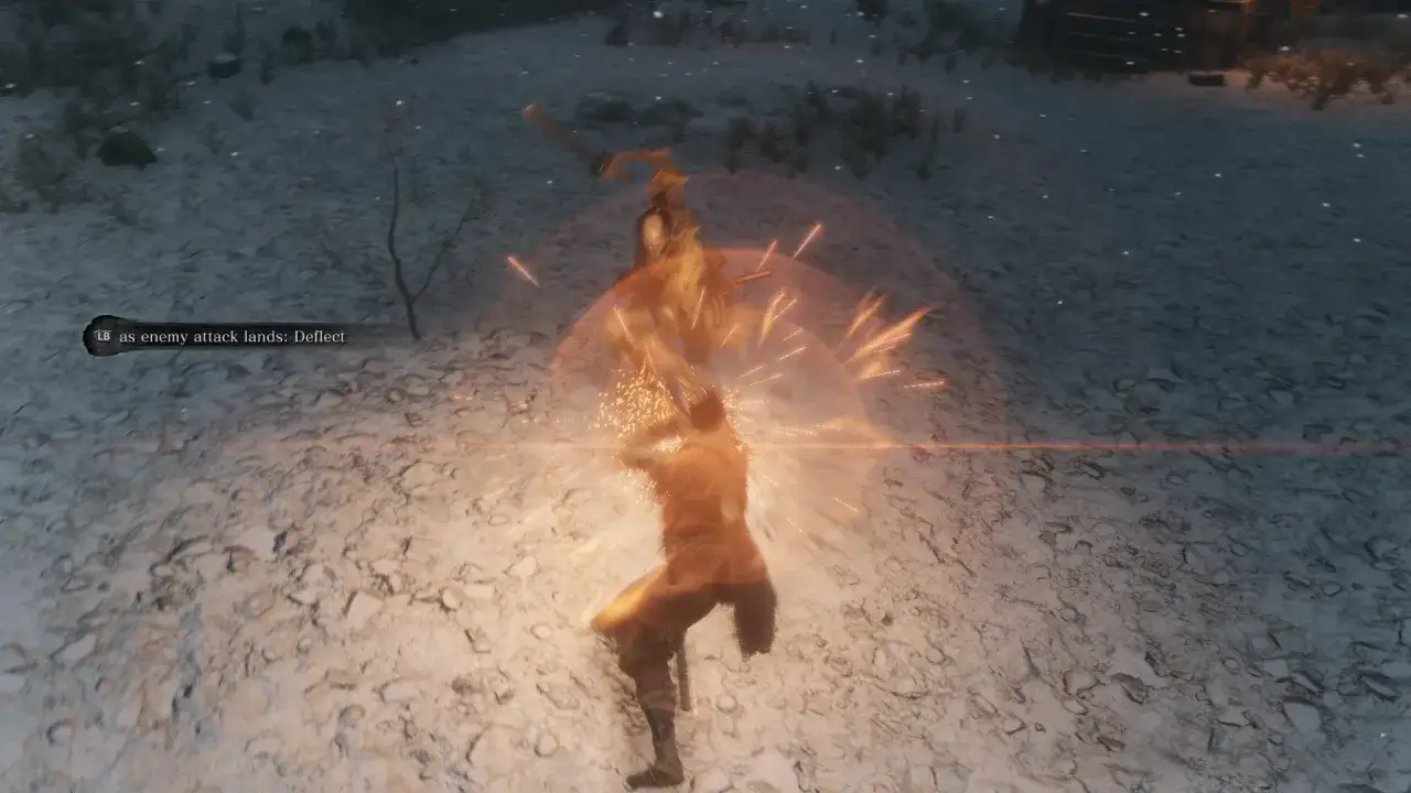 Sekiro poradnik: naucz się parować ataki wroga, by wygrać starcie. Widoczny moment udanego odbicia ciosu.